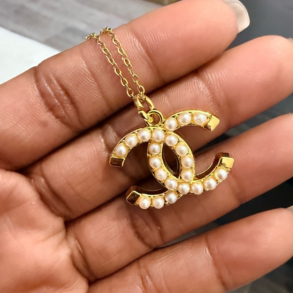 Gold and Pearl logo Necklace